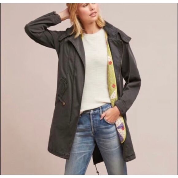 BY ANTHROPOLOGIE Women’s Gray Quilted-Liner Hooded Long Utility Jacket XS - Picture 1 of 9